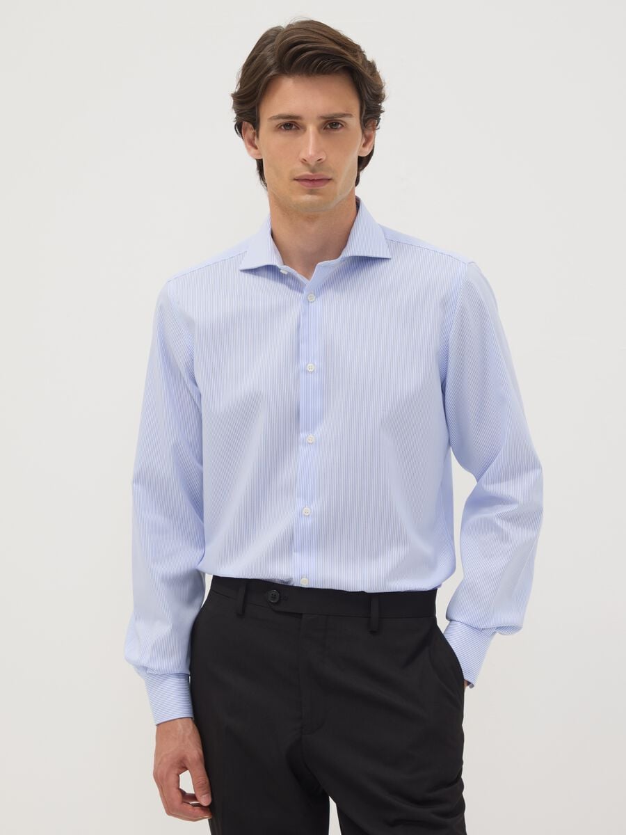 Camicia azzurra in puro cotone no iron slim fit_0