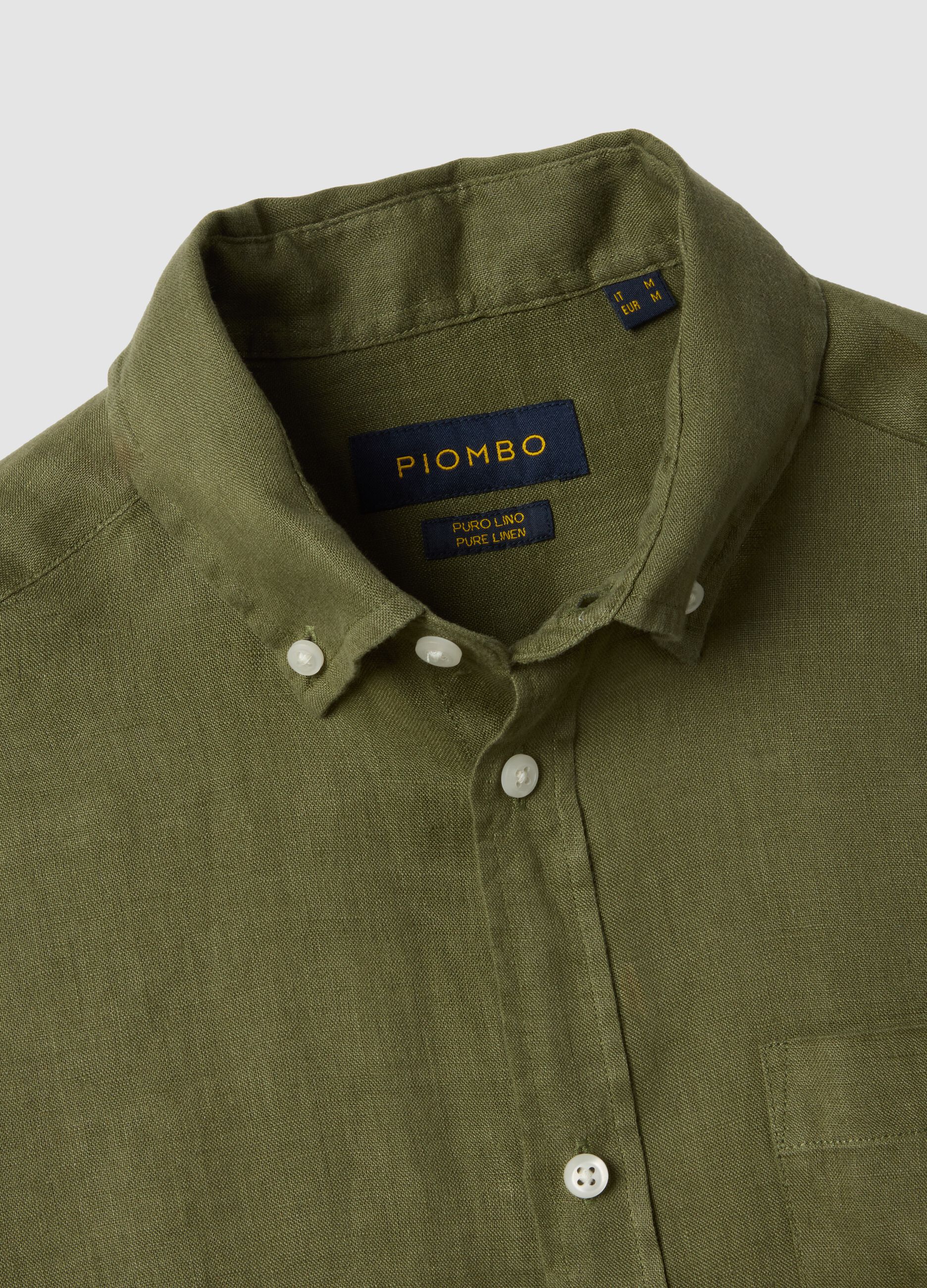 Green pure linen shirt with button-down collar, regular fit