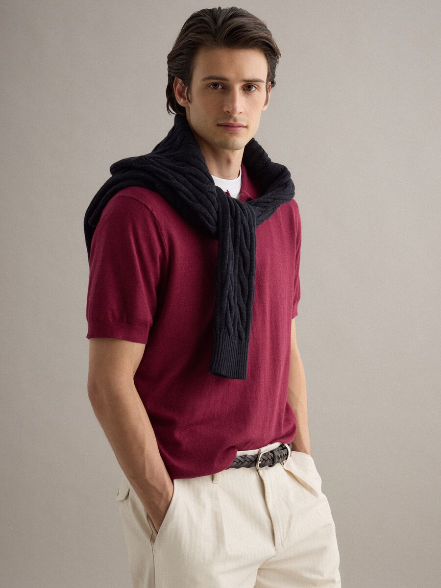 Red regular fit polo shirt in a cotton, linen and silk blend_3