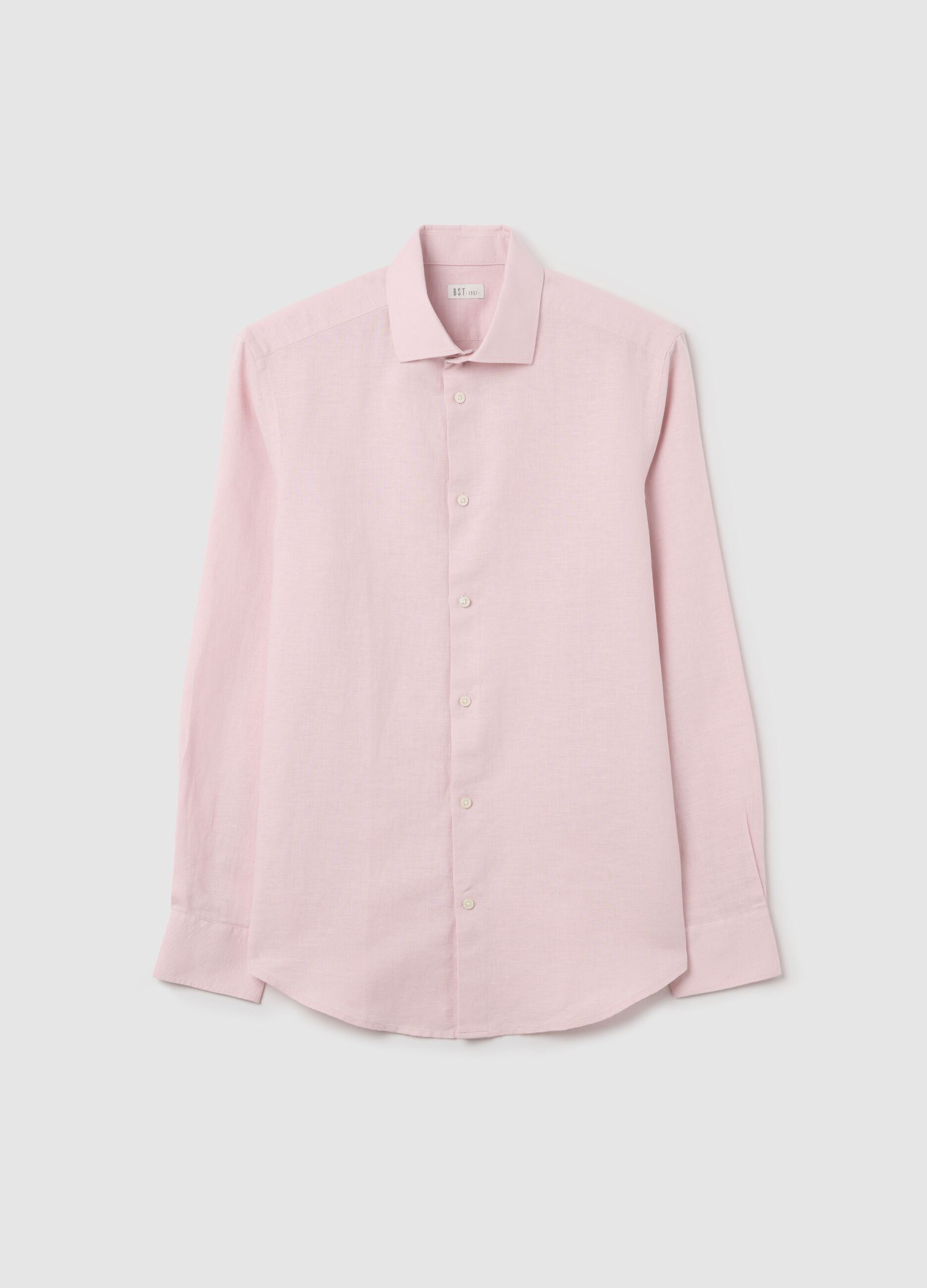 Camicia slim fit in lino e cotone rosa