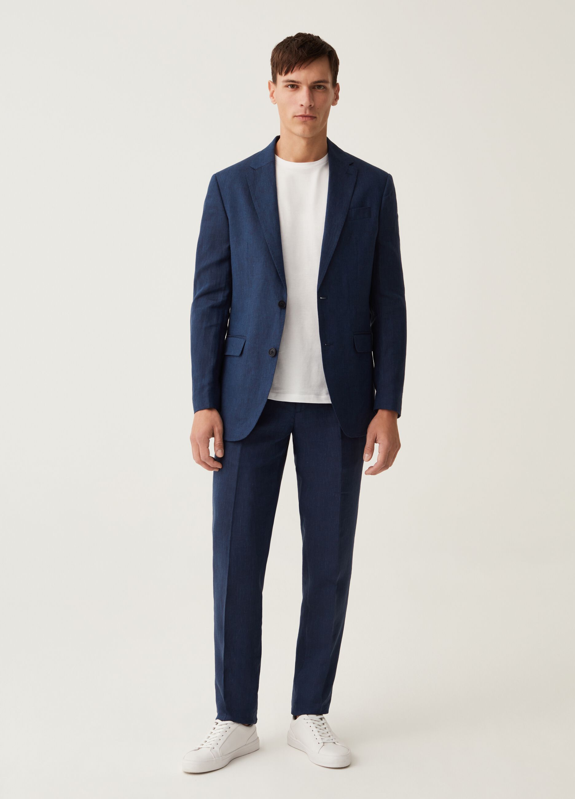 Pantalone slim fit in lino blu navy_0