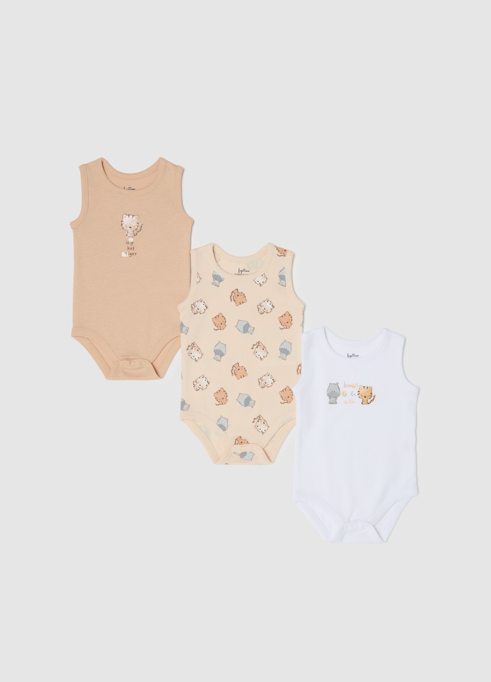 Three-pack sleeveless bodysuits in organic cotton with print