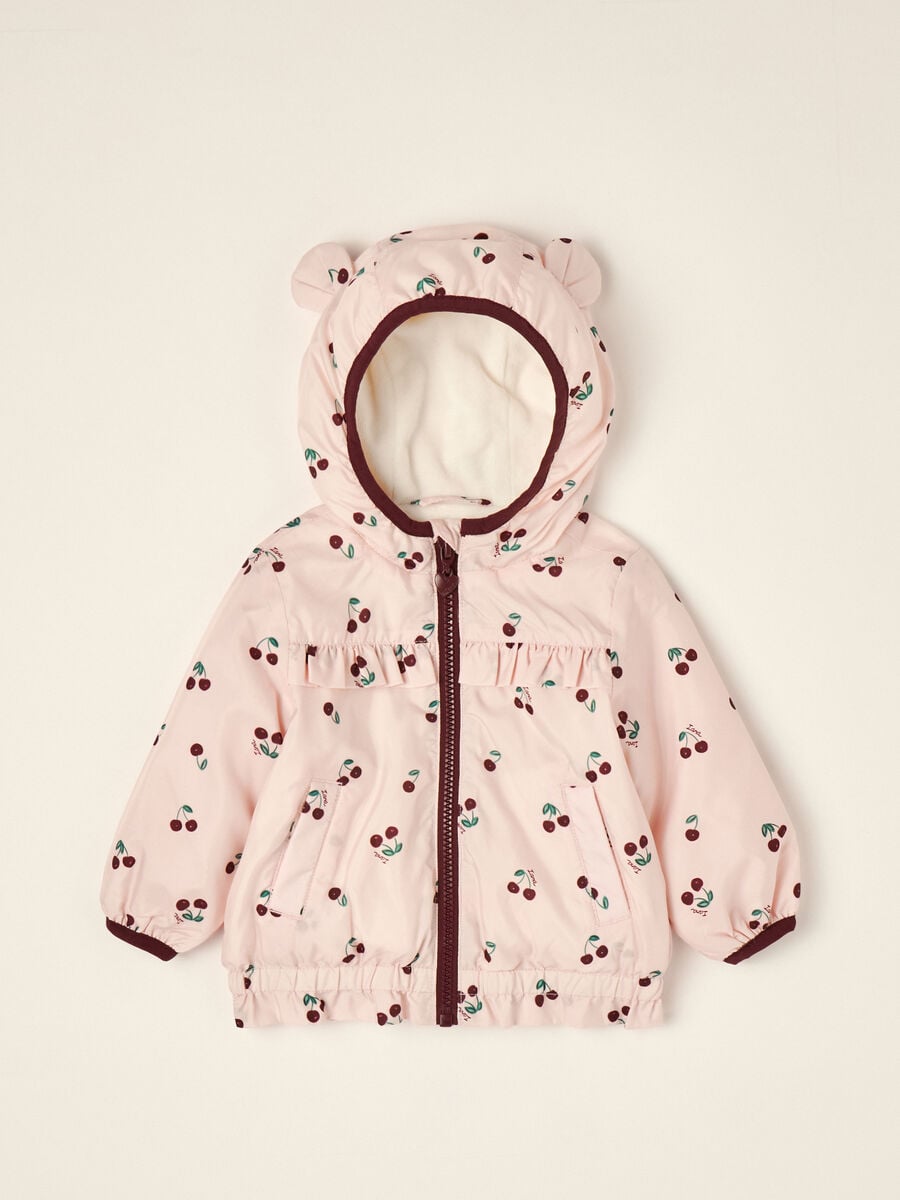 Giacca rosa imbottita con cappuccio e stampa ciliegie_0