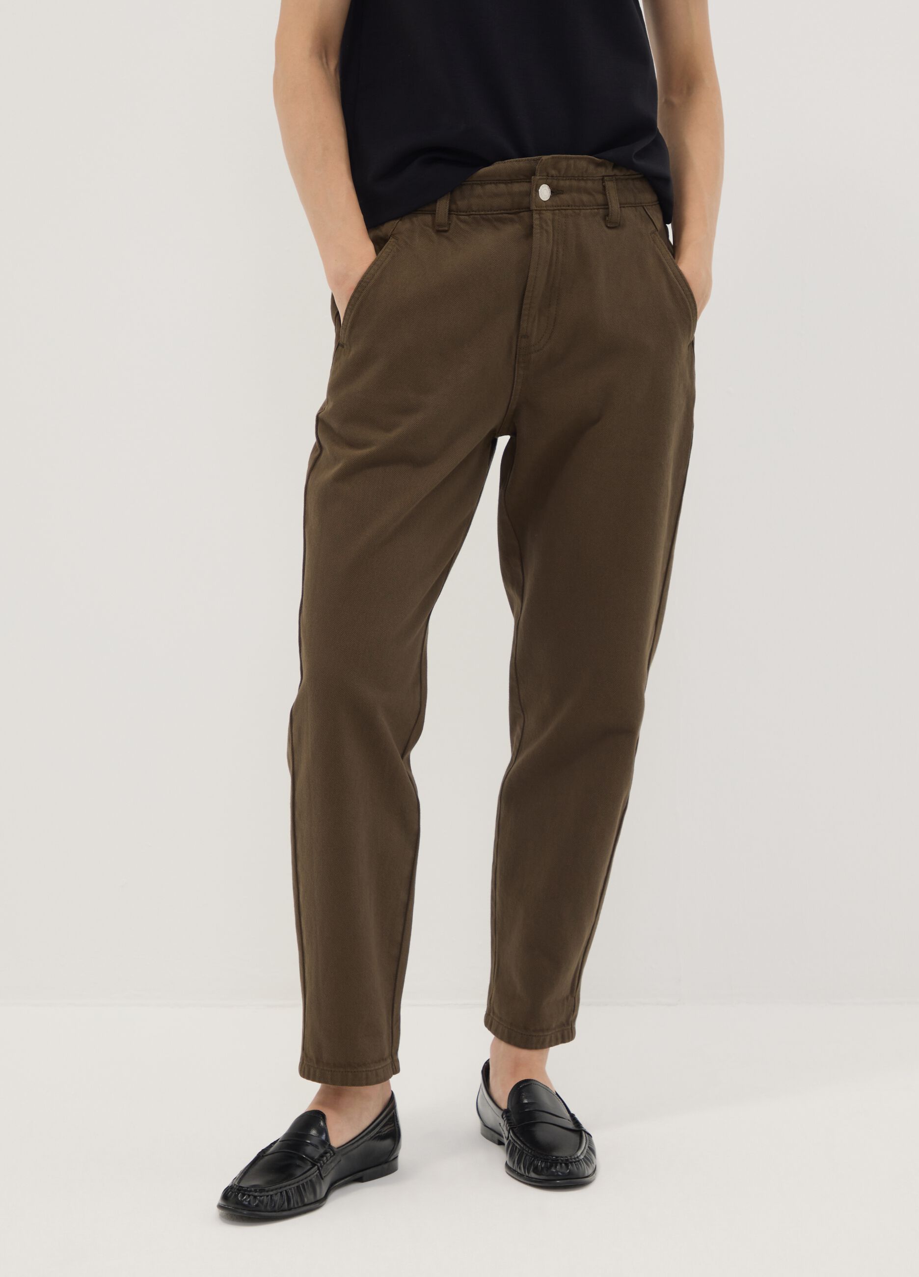 Brown denim baggy-fit jeans in pure cotton with paperbag waist