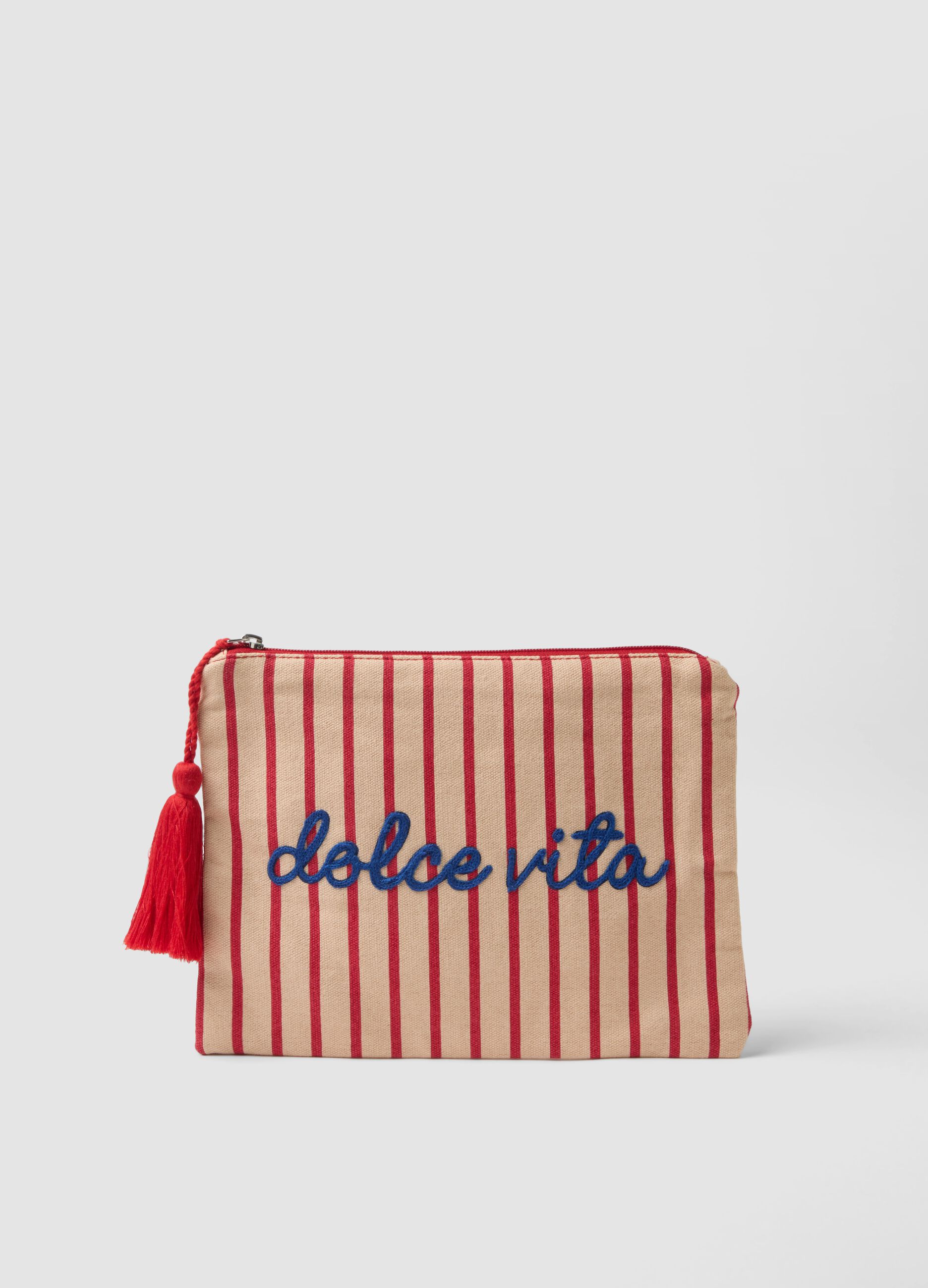 Beige pure cotton pouch with red stripes, tassel and zip