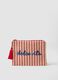 Beige pure cotton pouch with red stripes, tassel and zip_0