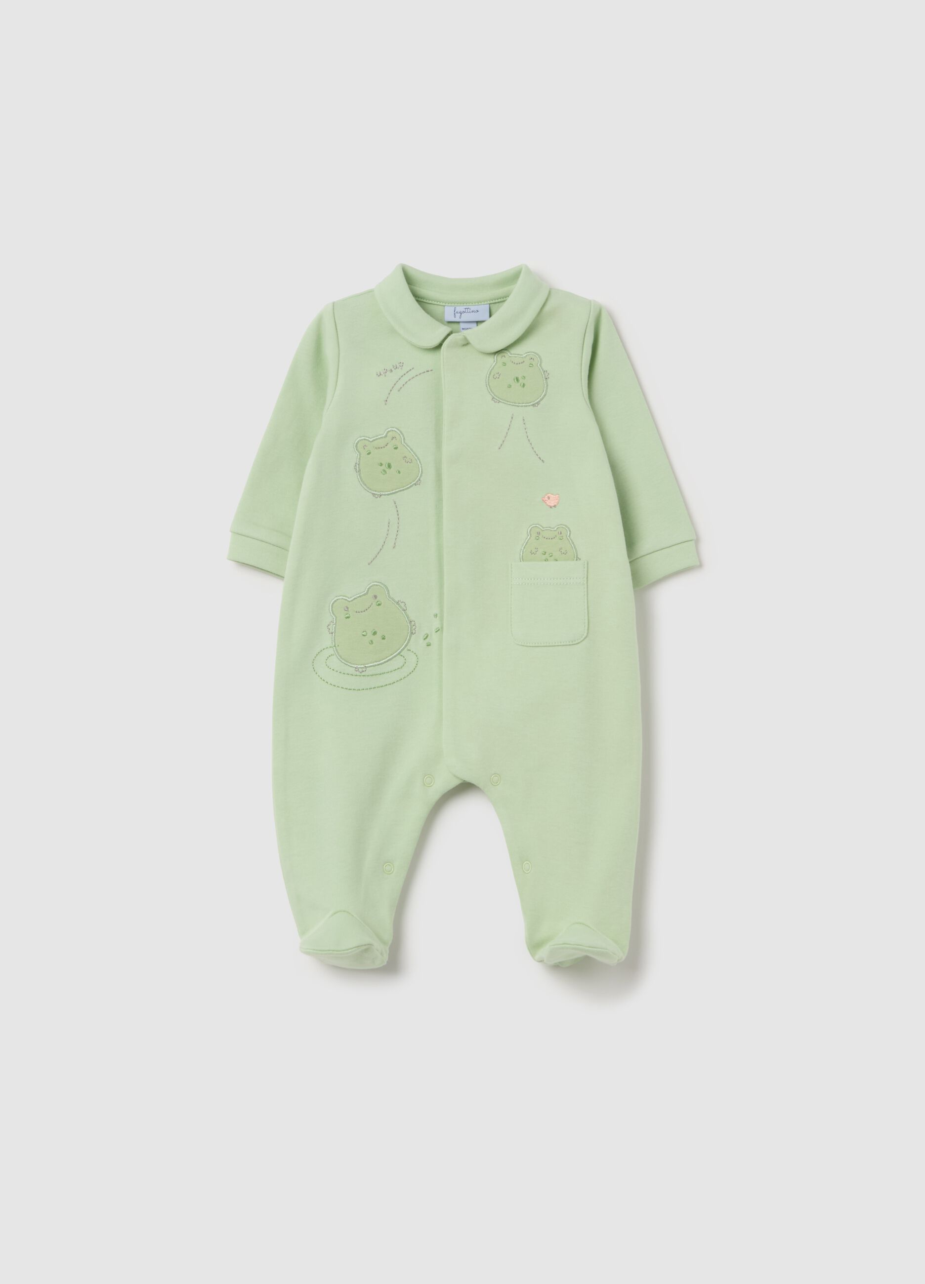 Cotton onesie with feet and frogs embroidery