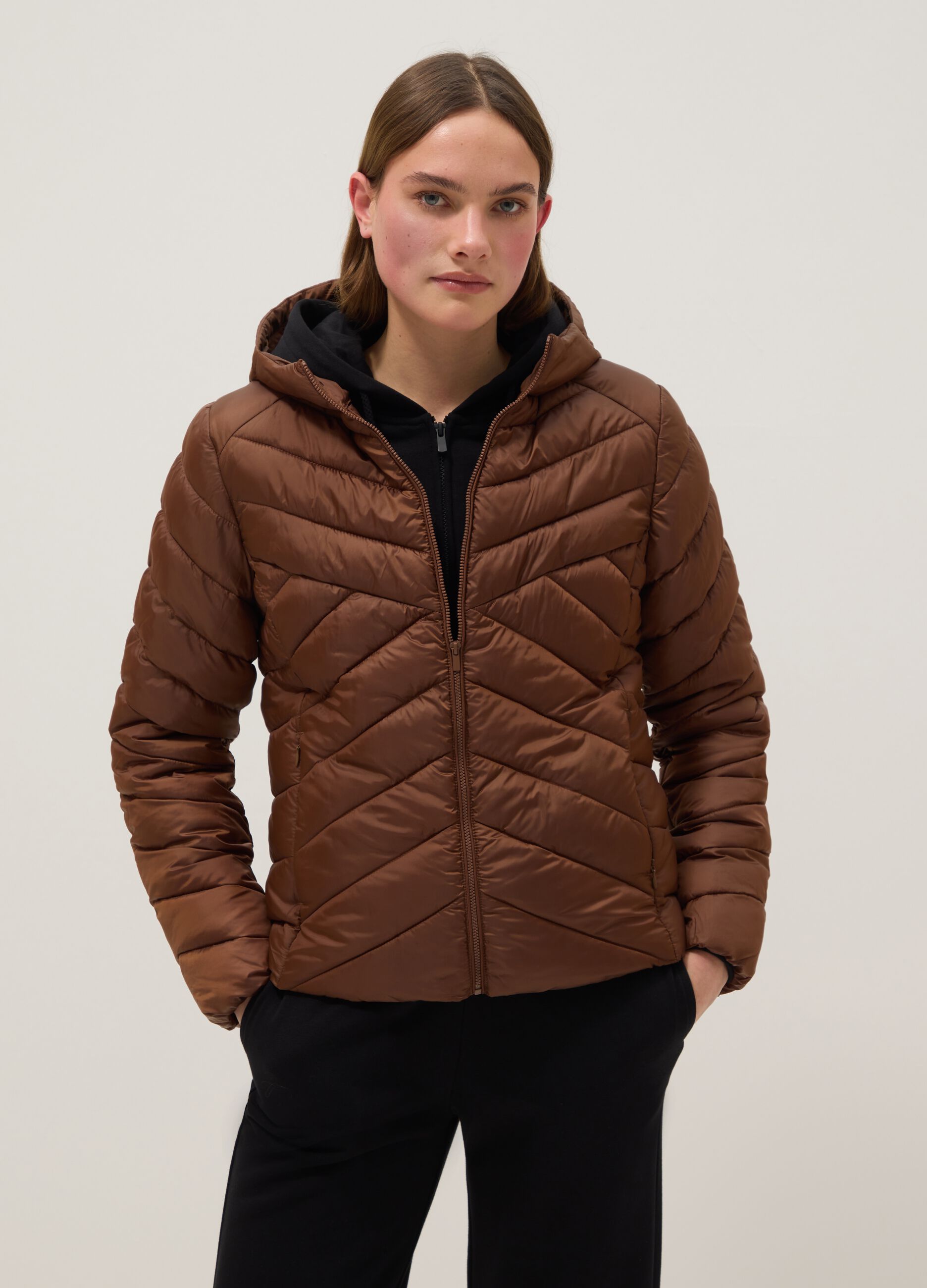 Brown padded jacket regular fit with hood