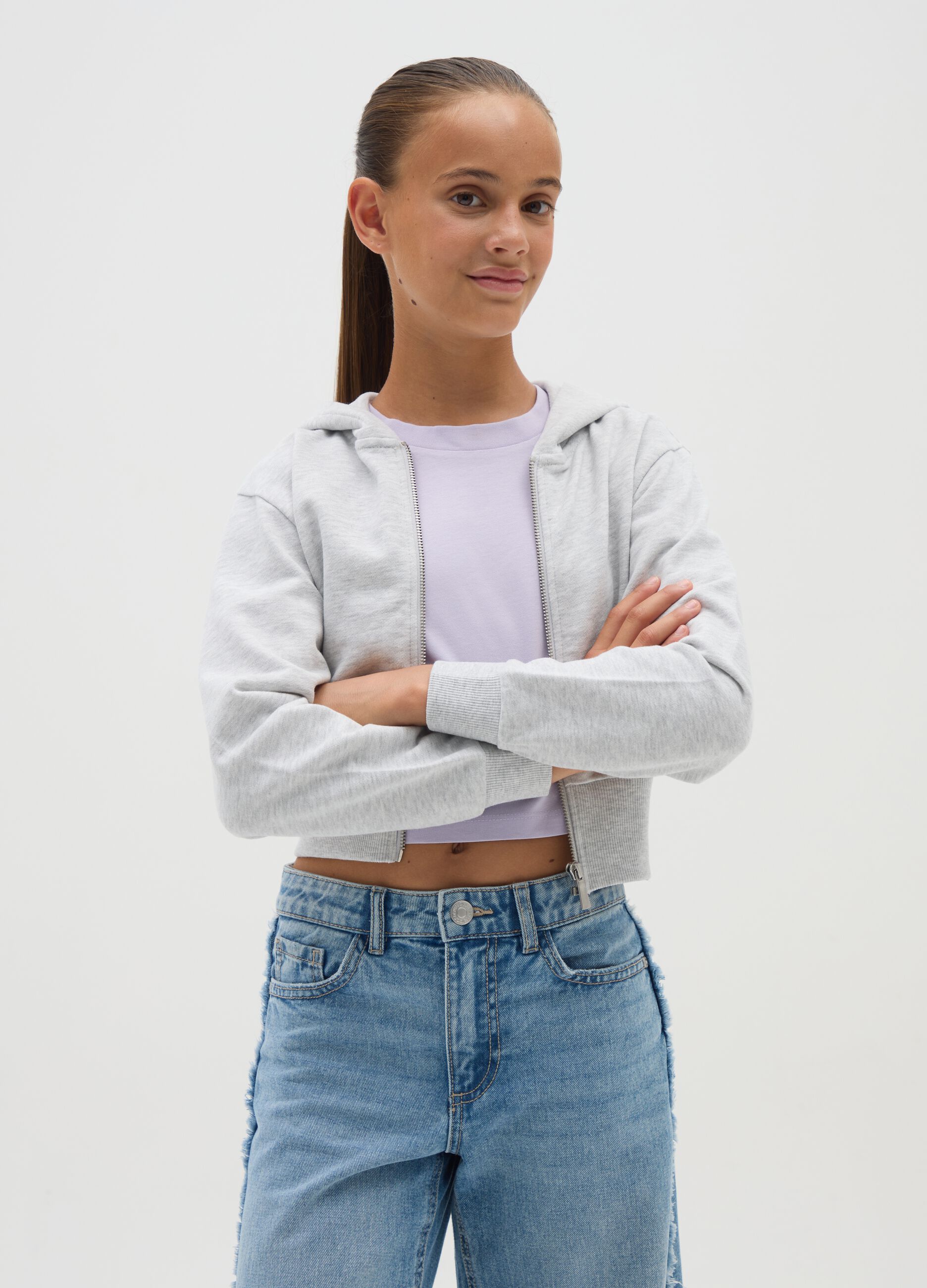 Grey Cotton Girls' Hooded Fitted Sweatshirt