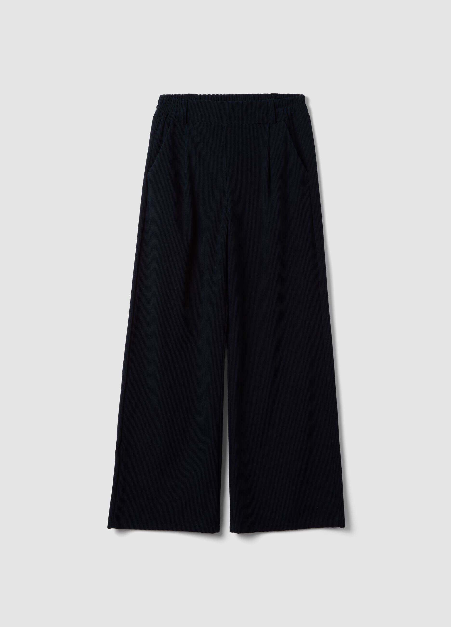 Navy blue wide-leg ribbed trousers, regular fit