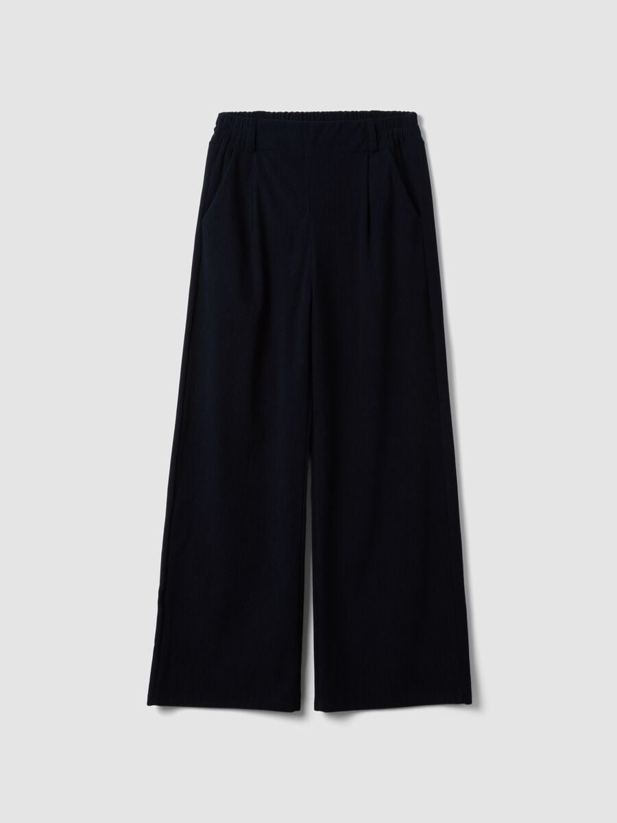 Pantaloni blu navy a gamba ampia regular fit a coste_0
