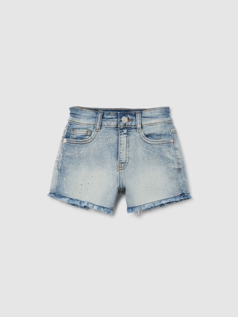 Girls' Slim Fit Blue Denim Shorts with Rhinestones_0
