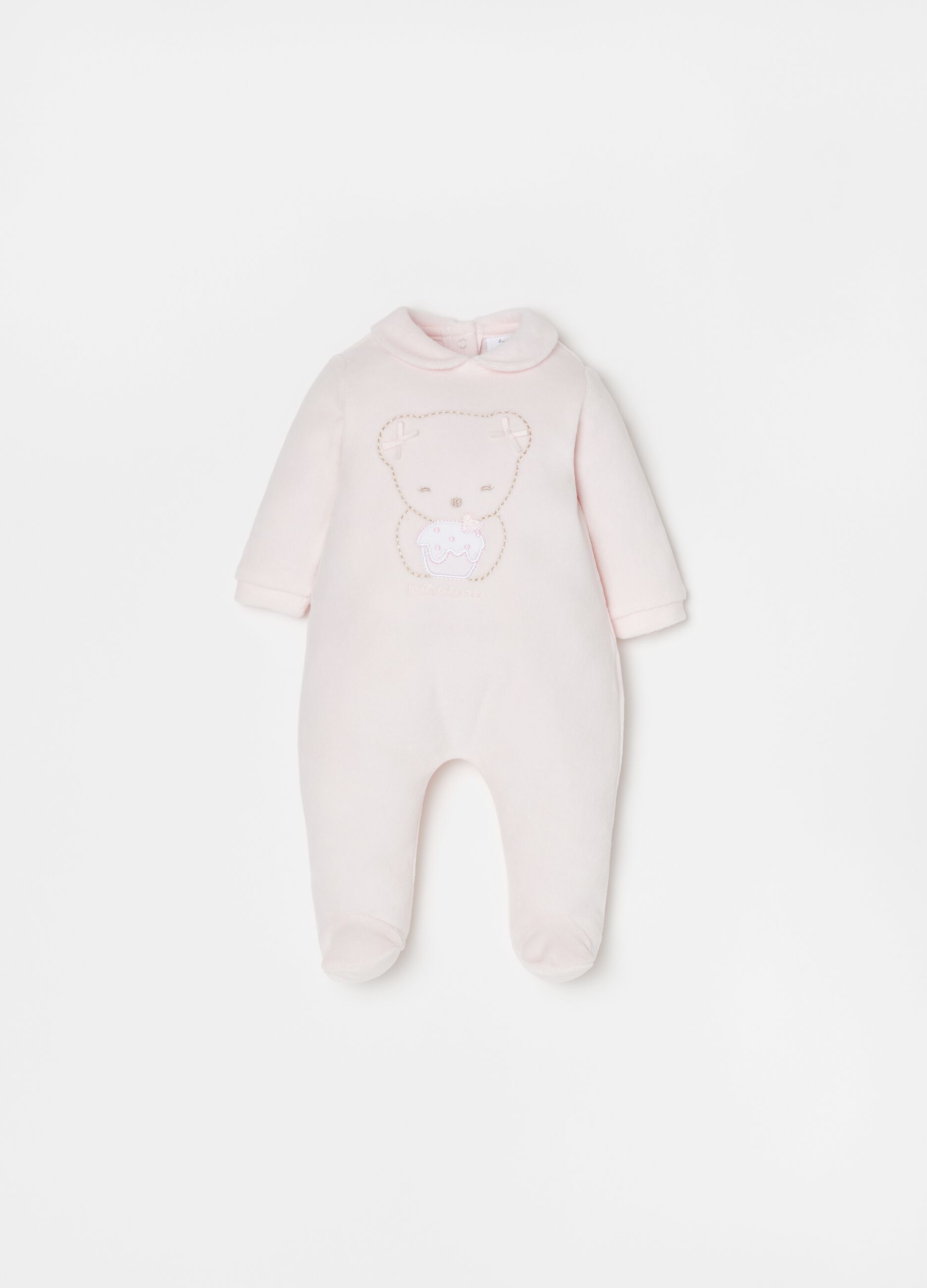 Onesie with girl teddy bear and pastry embroidery