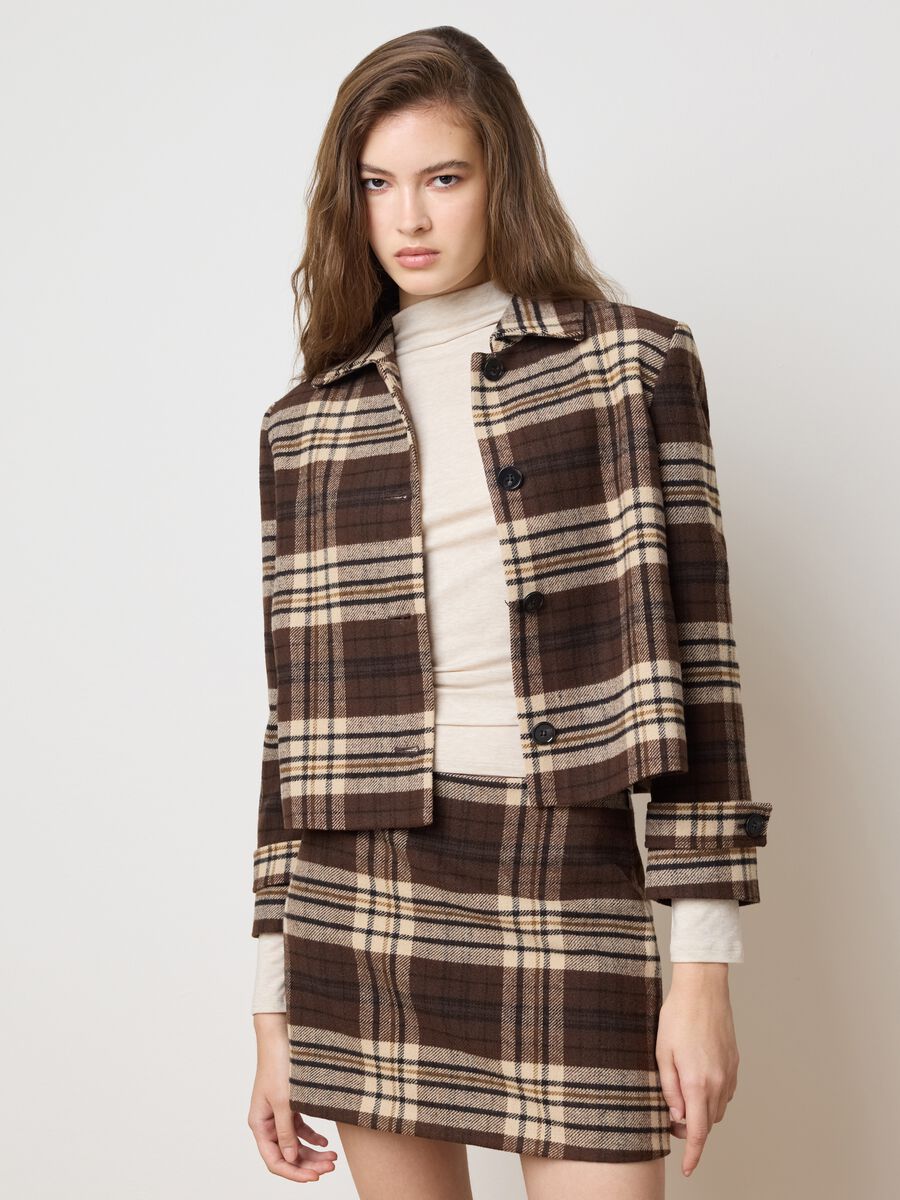 Plaid-effect brown tweed blazer_1