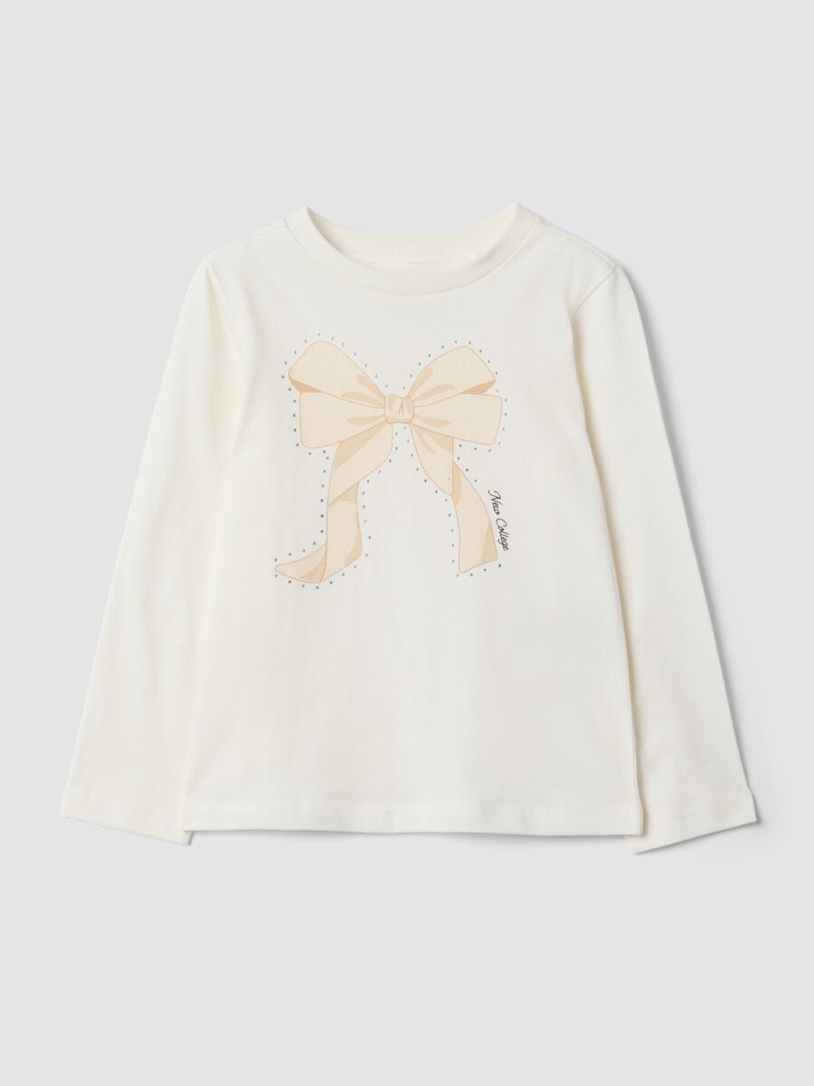 White pure organic cotton T-shirt with bow print for girls_0