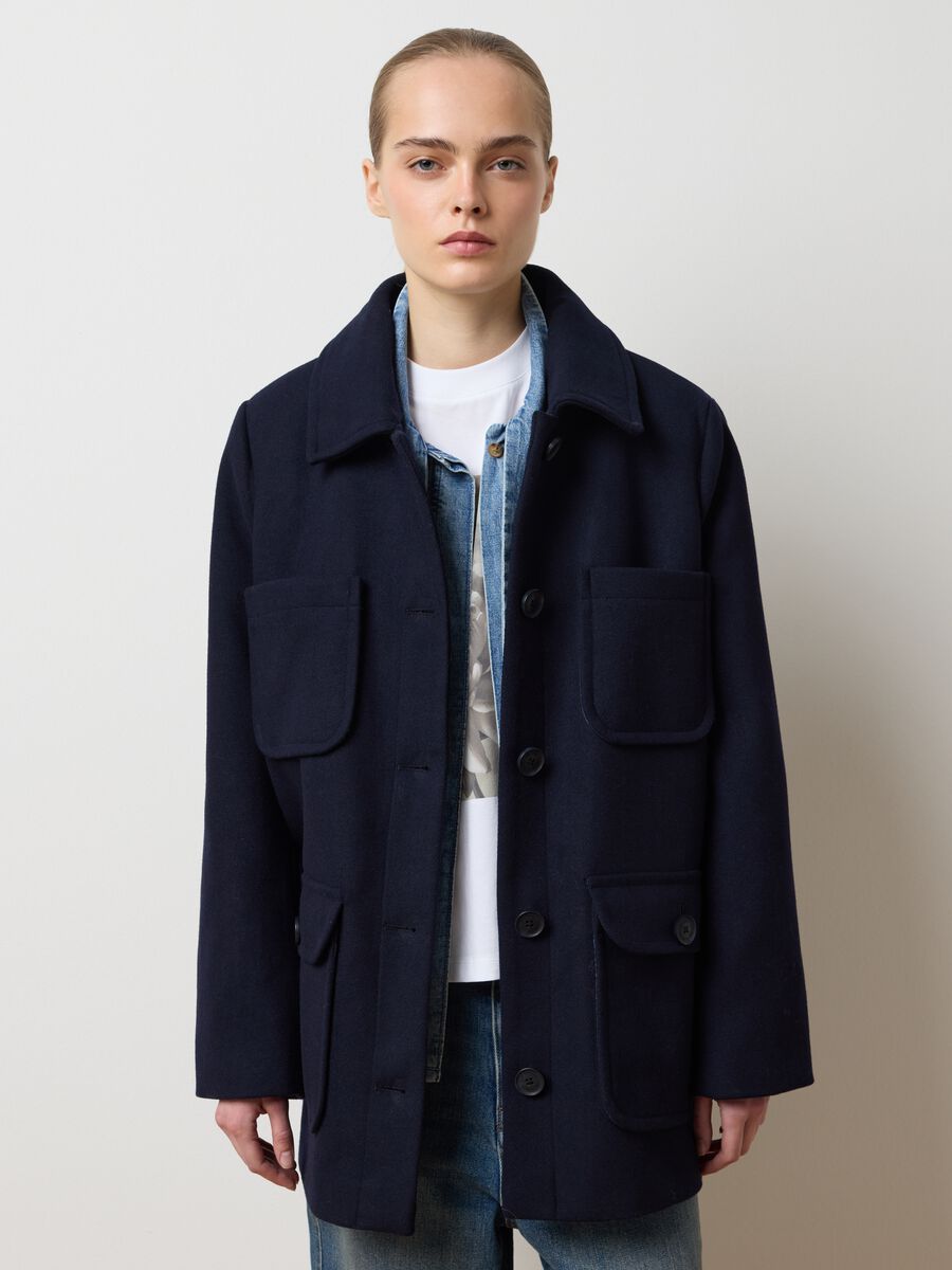 Cappotto in misto lana blu regular fit con bottoni e tasche_1
