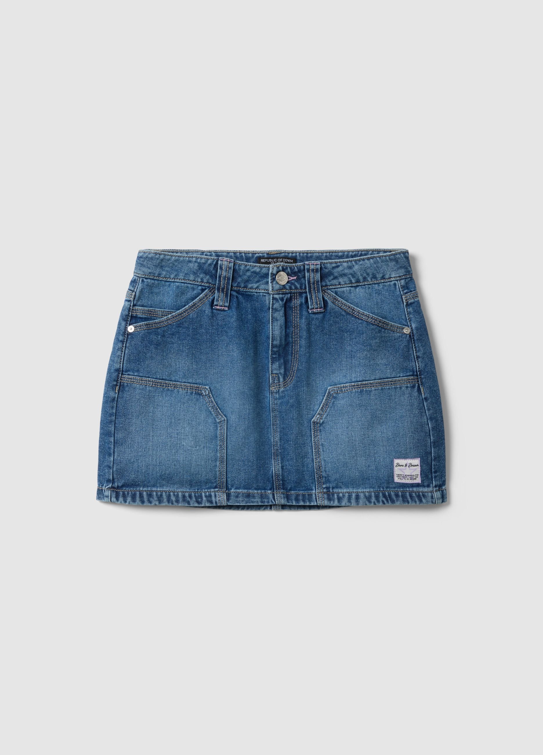 Girls' regular fit blue denim pure cotton miniskirt
