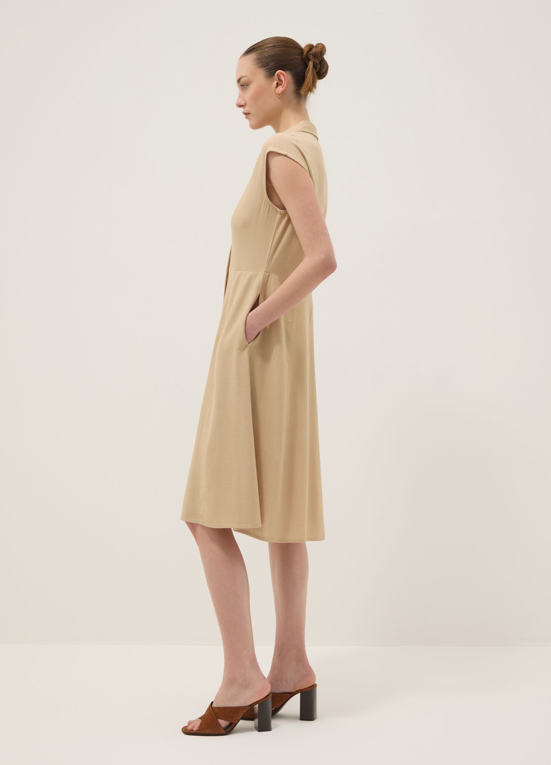 Beige viscose and linen-blend shirt dress, regular fit