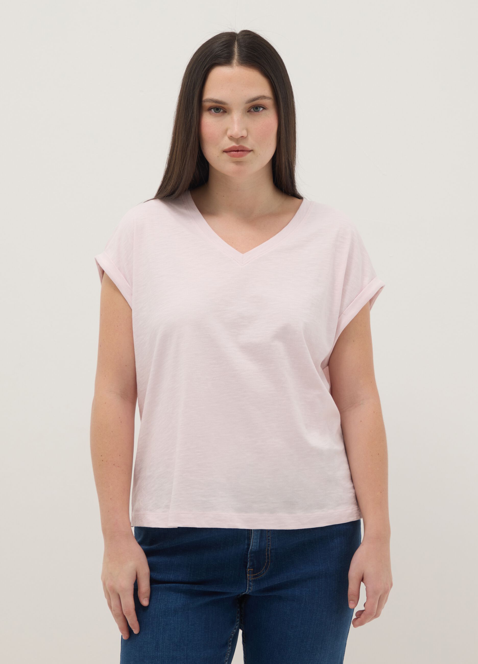 Pink short sleeve pure cotton V-neck regular fit t-shirt