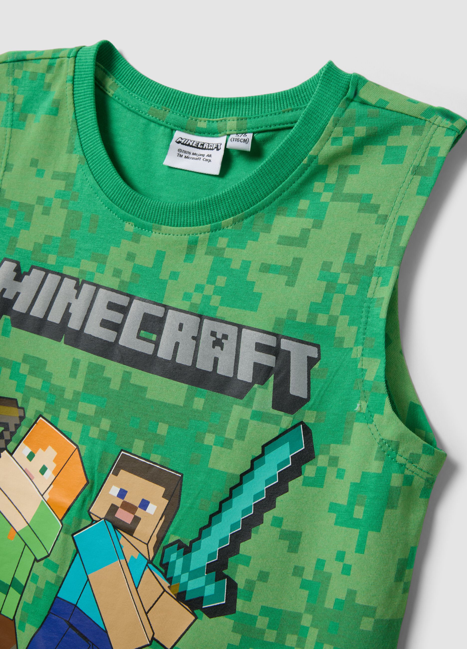 Green pure cotton boys' vest with Minecraft prints
