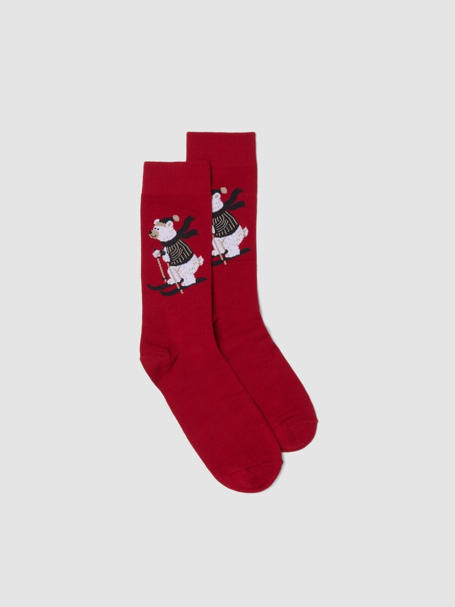 Calze midi rosse in cotone elasticizzato con stampa natalizia_1