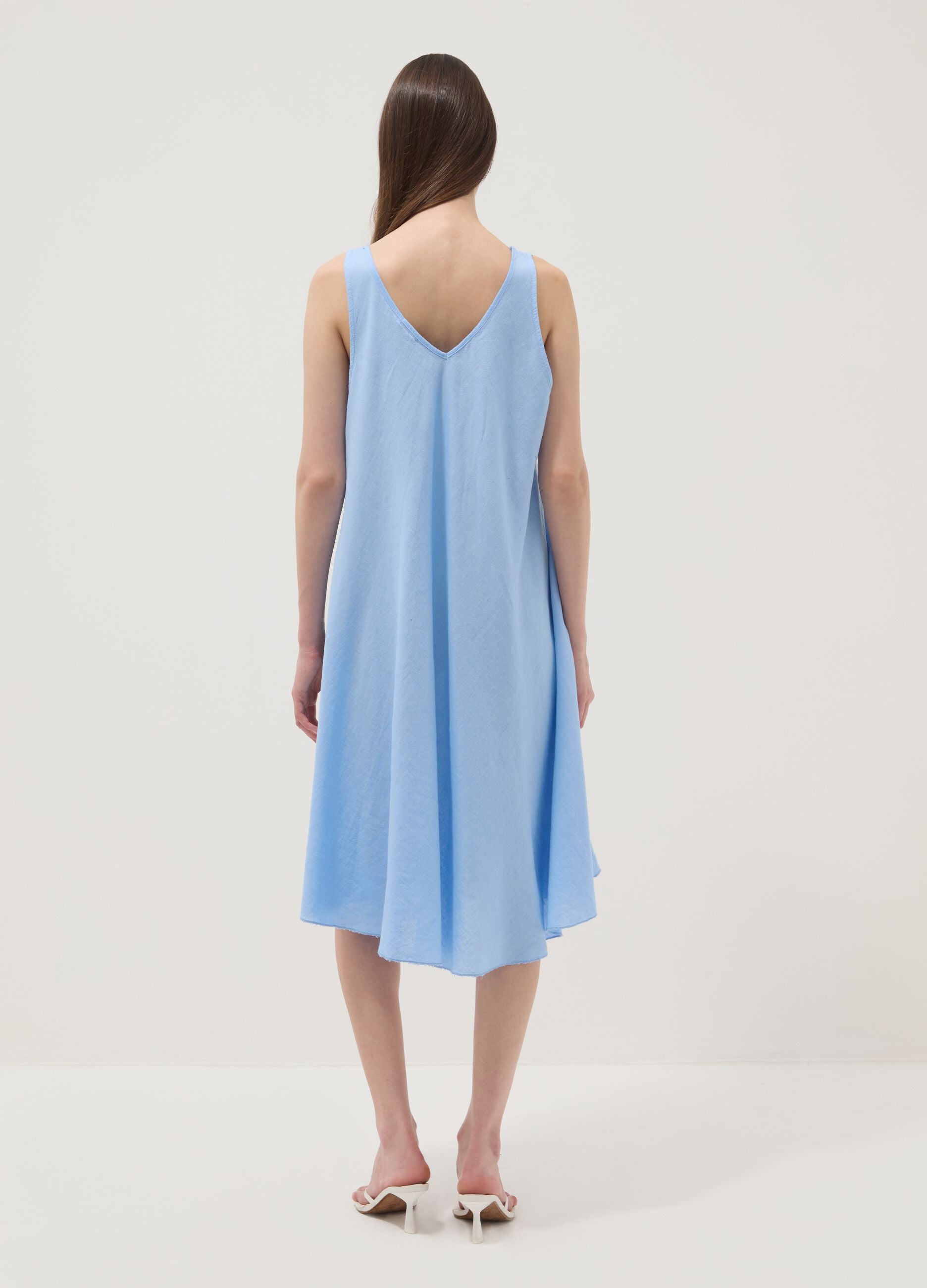 Light blue linen-viscose blend midi dress with V-neck, regular fit