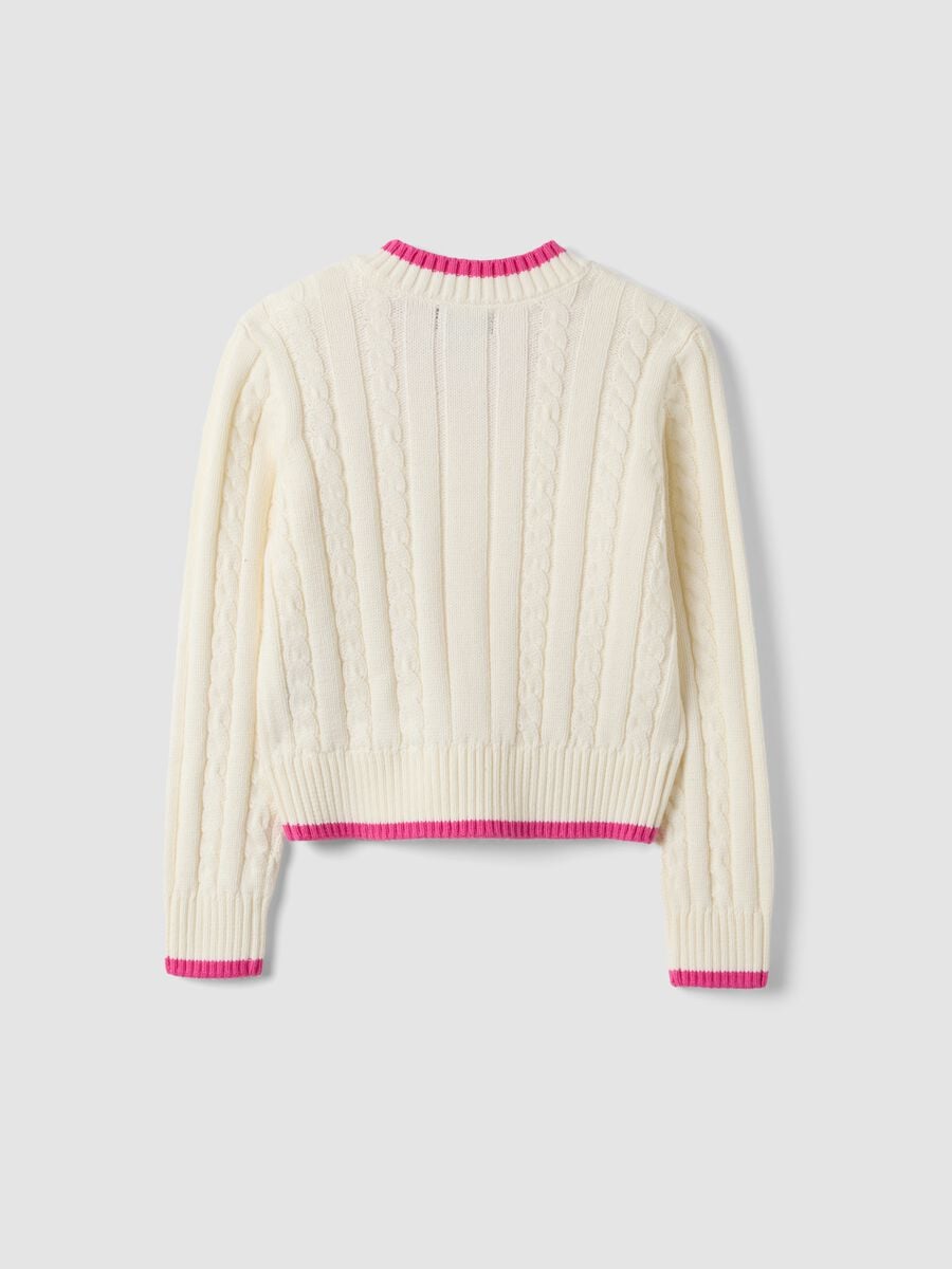 Maglia bianca in puro cotone a trecce con scollo a V per bambina_1