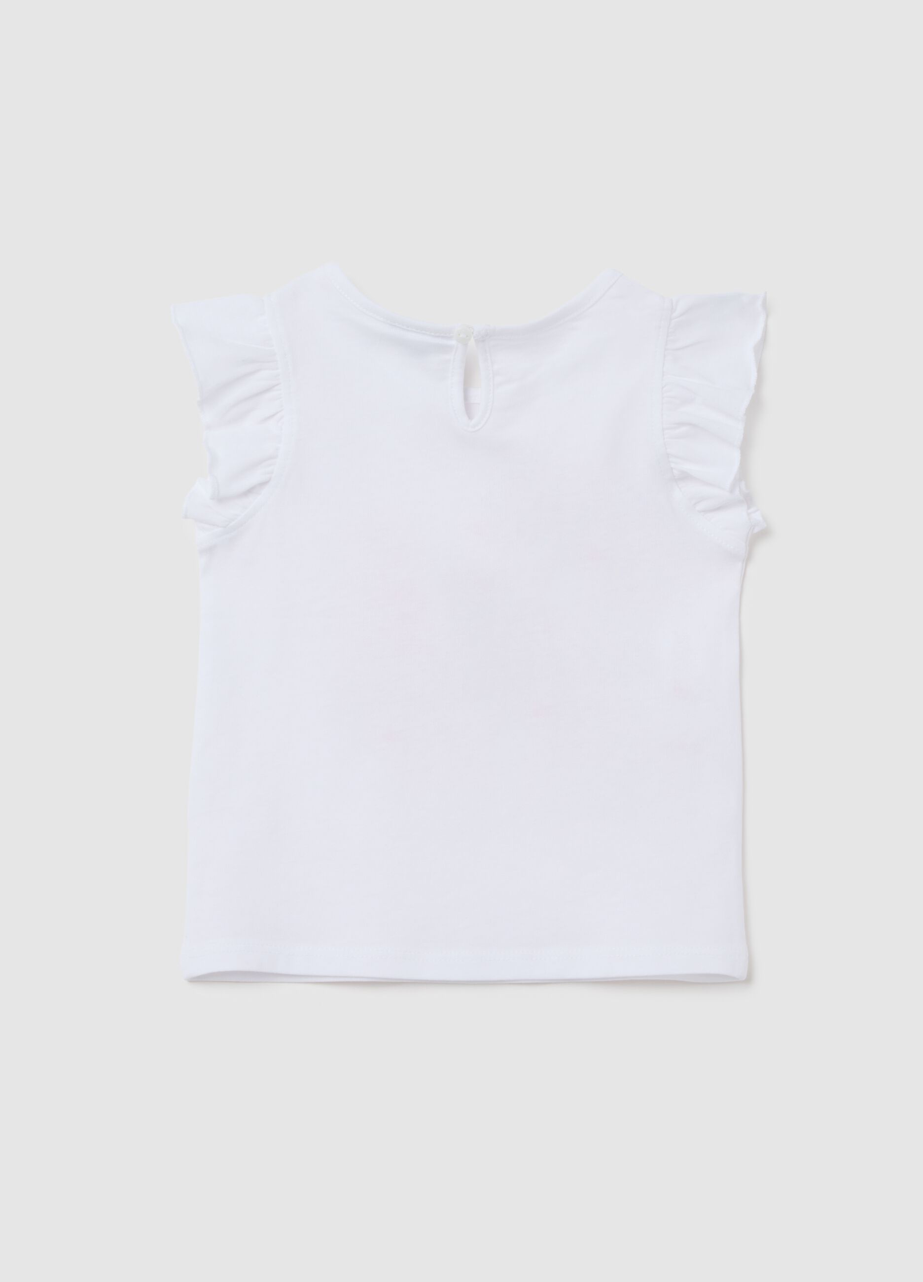 White pure cotton girl's top, regular fit with ruffle sleeves and print