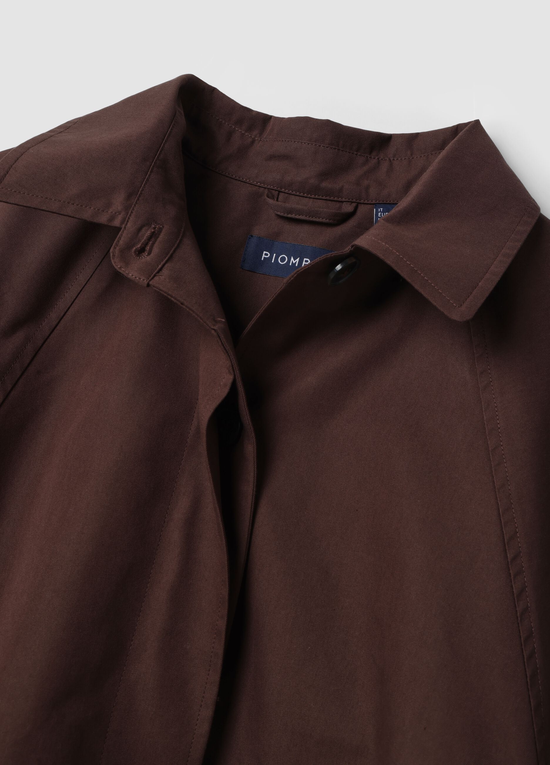 Short brown cotton-blend trench coat with shirt collar