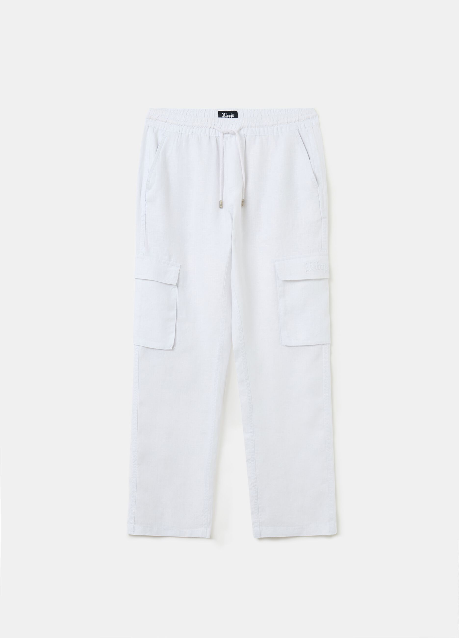 100% Linen Cargo Trousers White