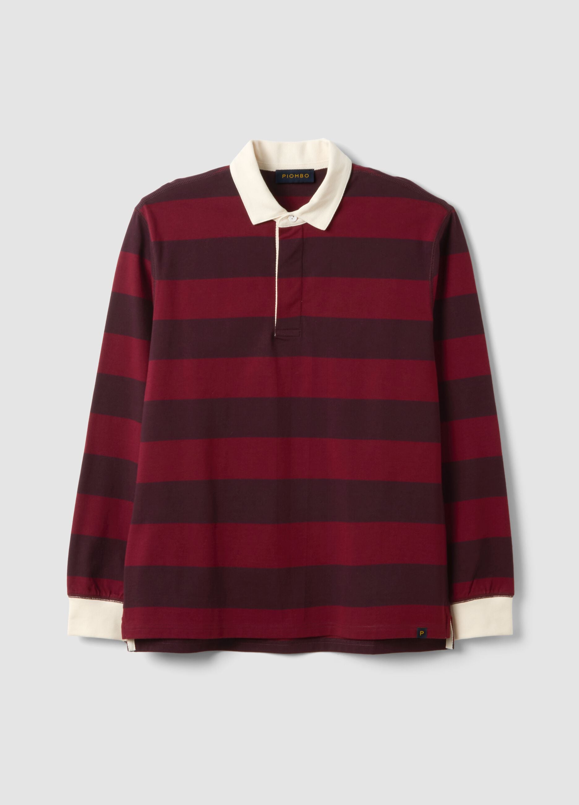 Red pure cotton striped long-sleeve rugby polo, regular fit