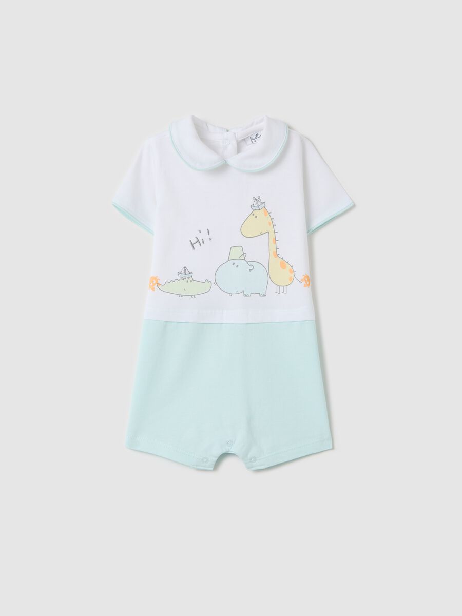 White and light blue romper suit in cotton with print_0