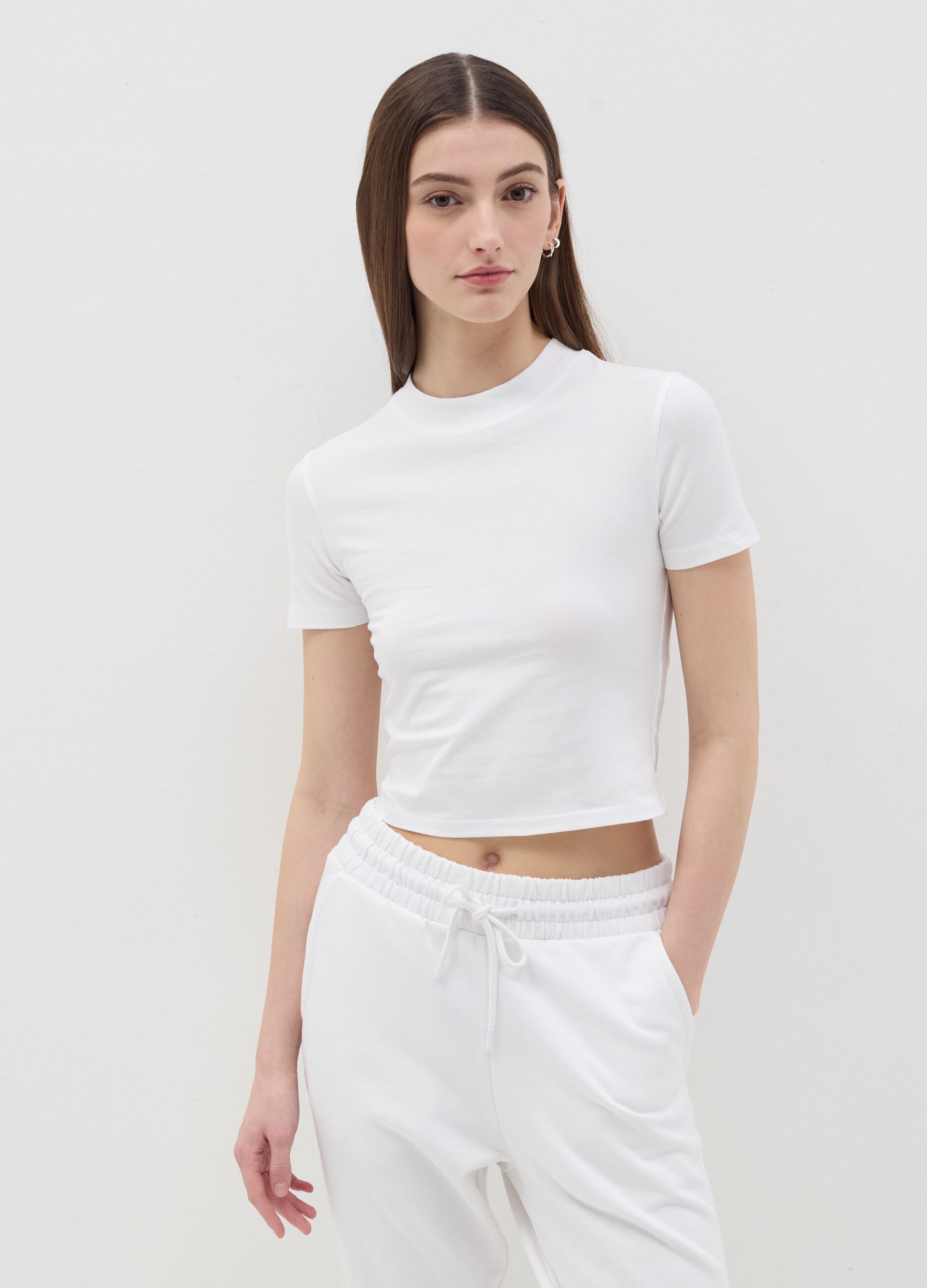 Stretch cotton T-shirt with mock neck