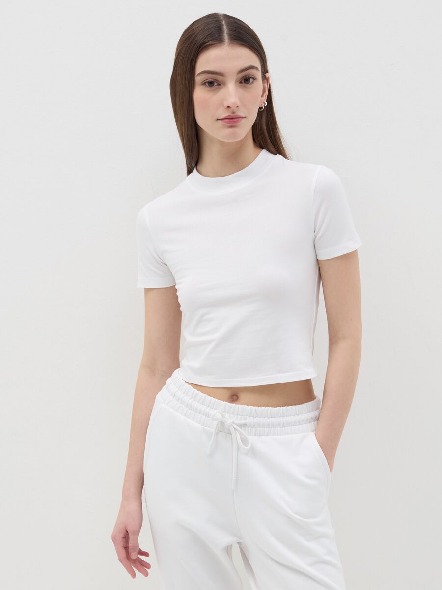 Stretch cotton T-shirt with mock neck_0
