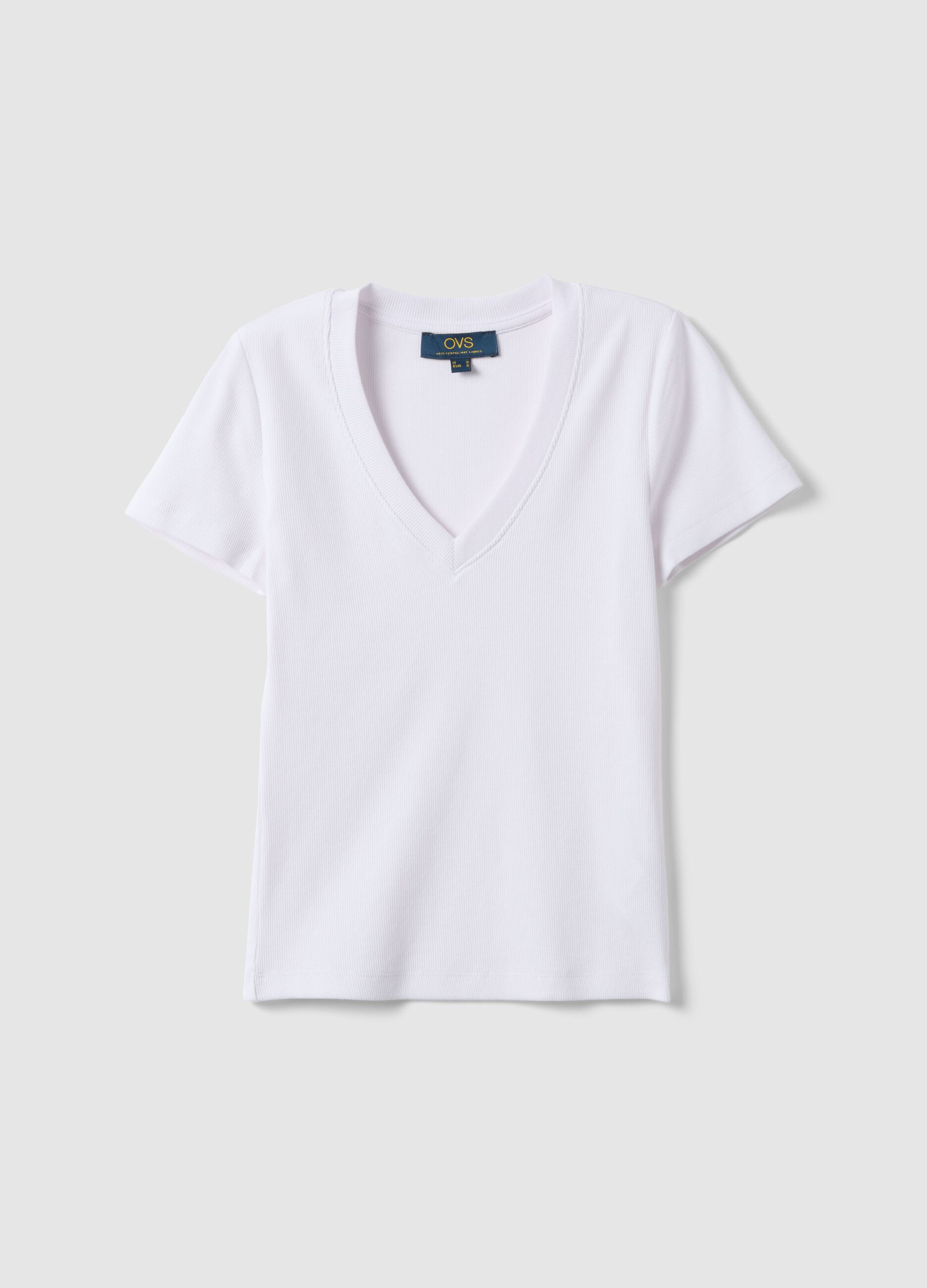 White regular fit deep V stretch cotton T-shirt