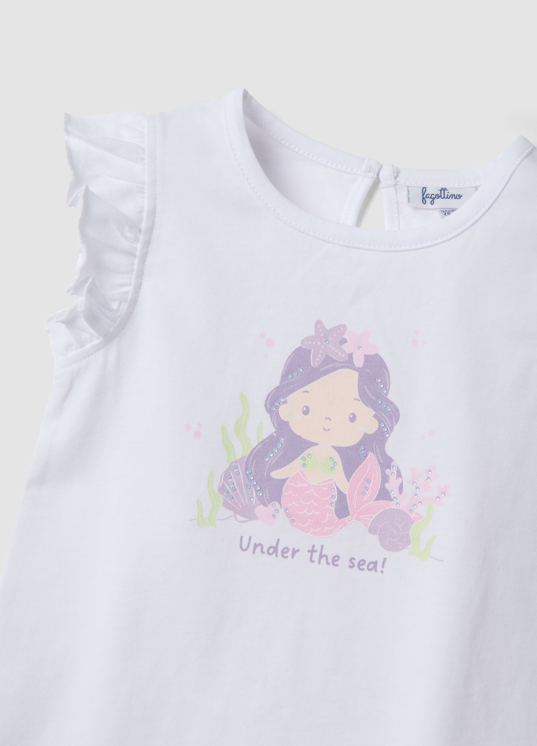 White organic cotton girls&rsquo; tank top with print and frills