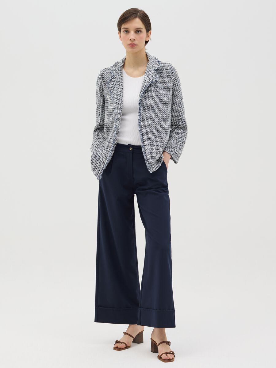 White and blue open blazer in fringed tweed_1