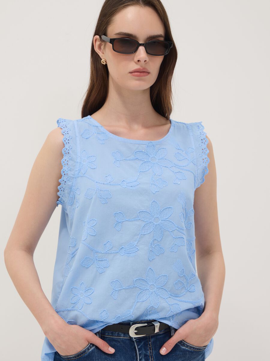 Sky-Blue Pure Cotton Blouse with Floral Embroidery, Regular Fit_0