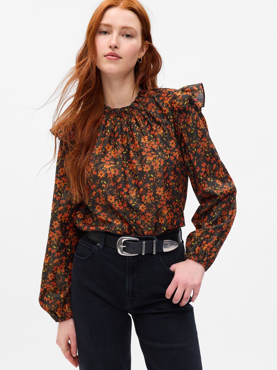 Blusa floreale in lurex con volant_0
