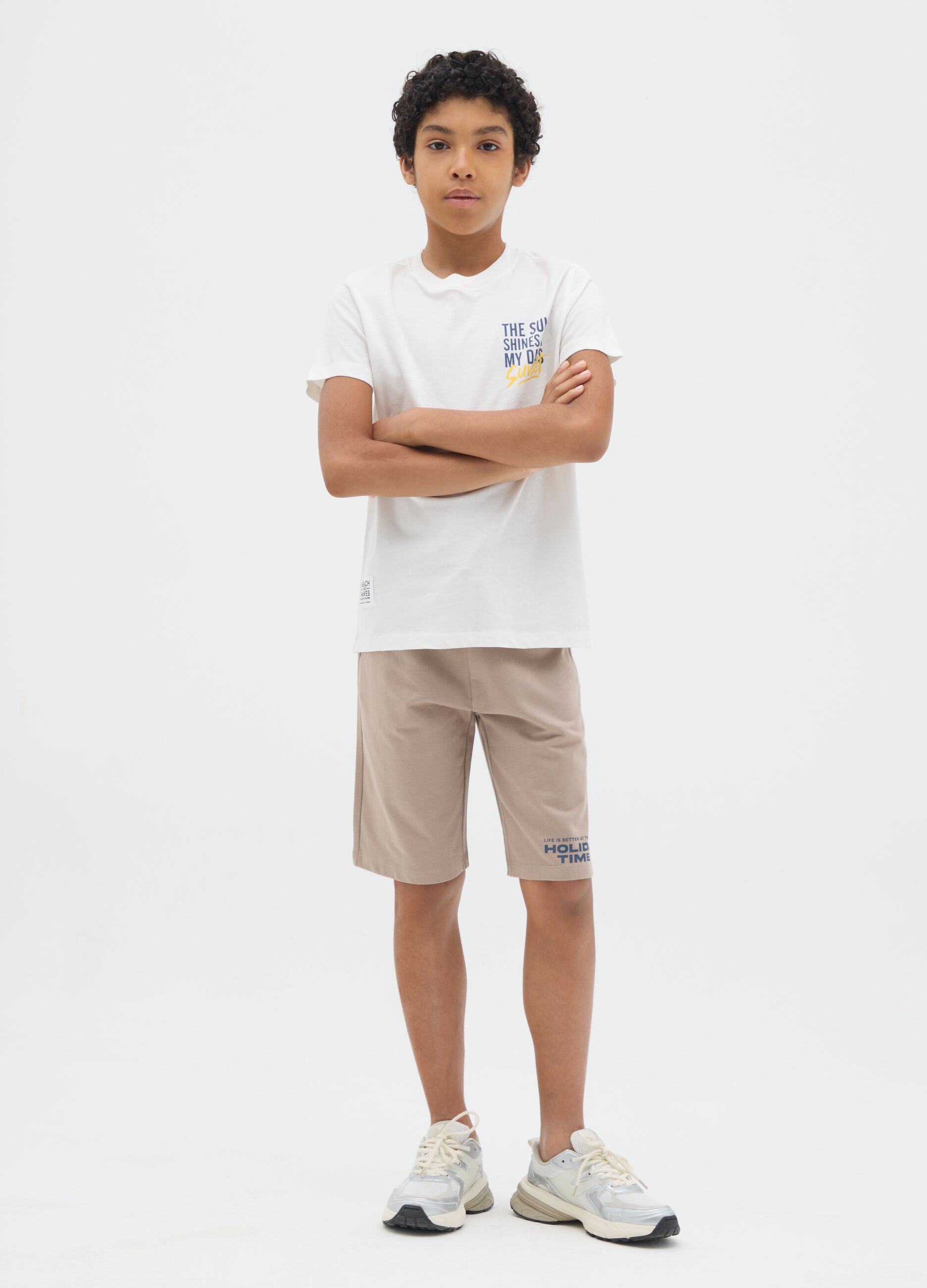 Boy's white and beige pure cotton regular fit outfit