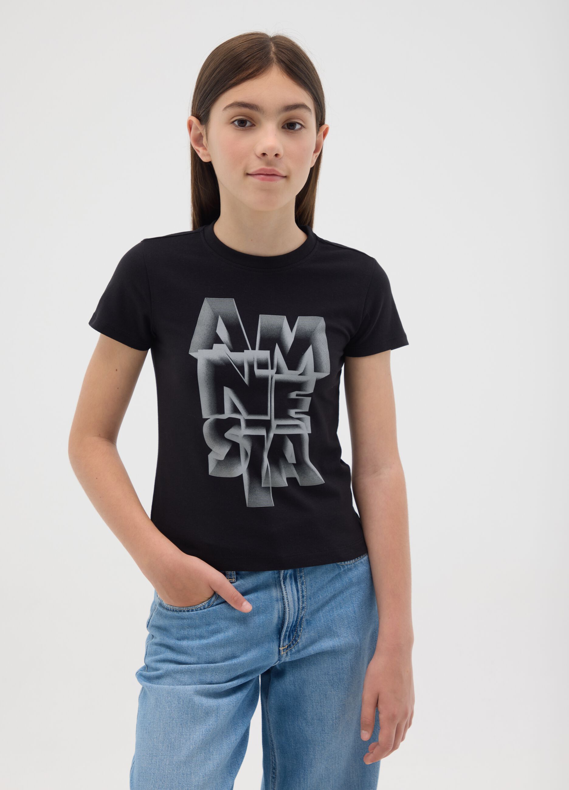 Black stretch cotton T-shirt with print