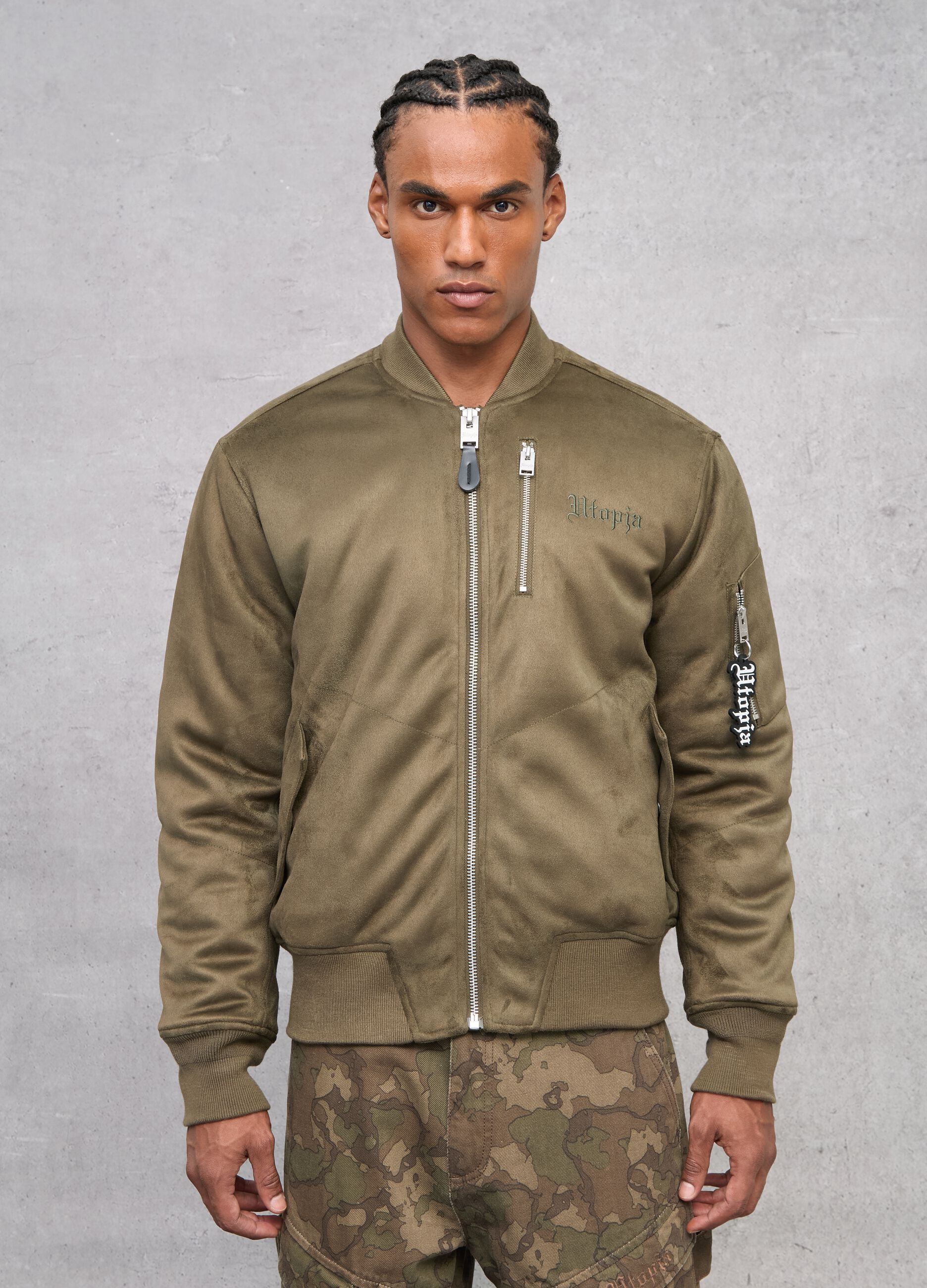 Suede Bomber Jacket Military Green