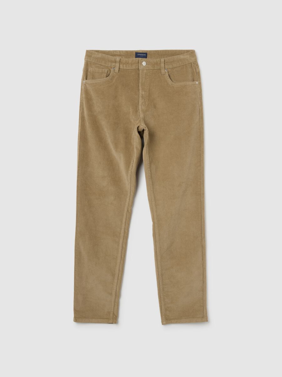 Beige stretch cotton ribbed slim fit trousers_0