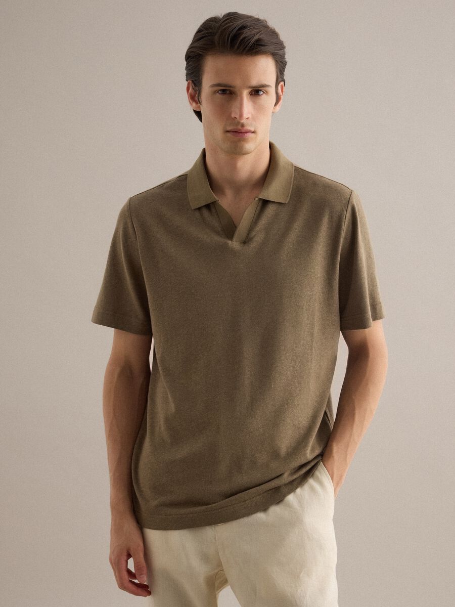 Polo in misto lino e cotone marrone regular fit_1