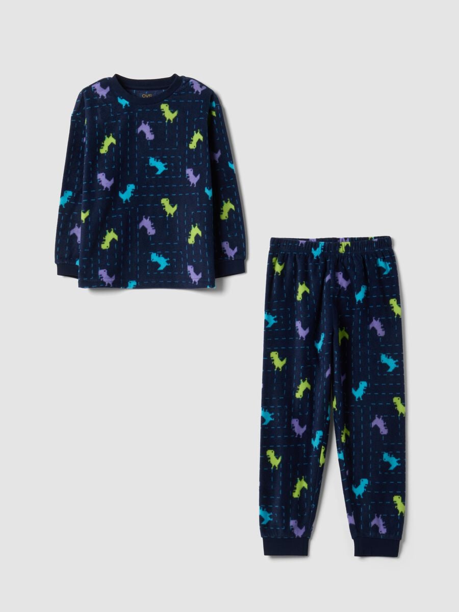 Blue regular-fit fleece pyjamas with crew neck and dinosaur print_0