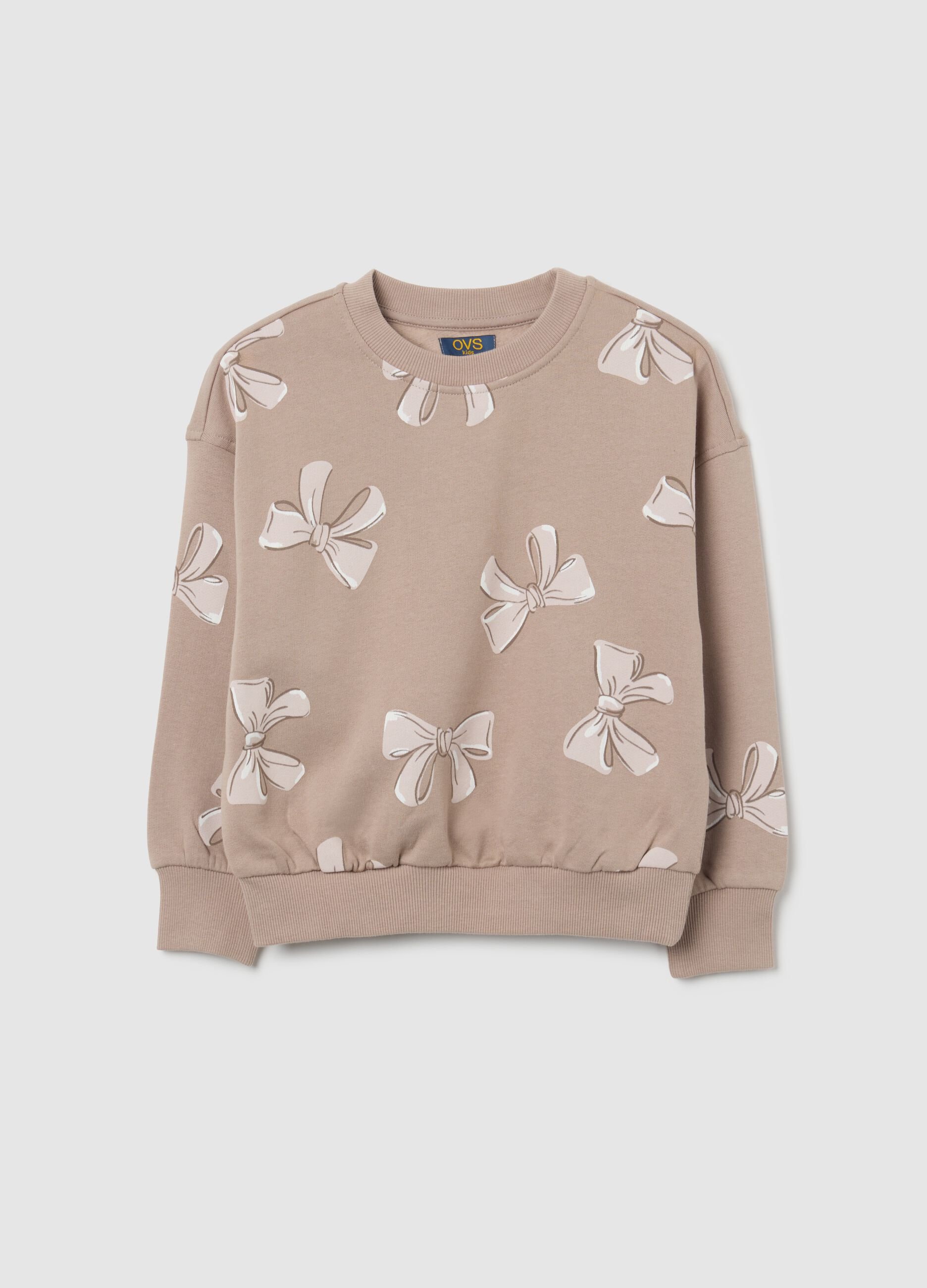 Girls' beige pure cotton sweatshirt with crew neck regular fit