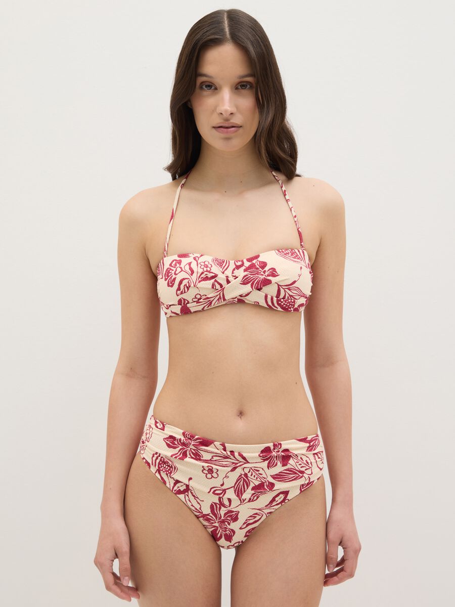 Cream and red floral bandeau bikini top_1