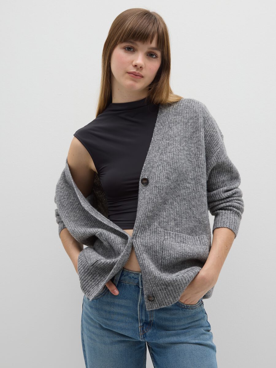 Grey Stretch Fabric Cardigan with Oversized Fit_0