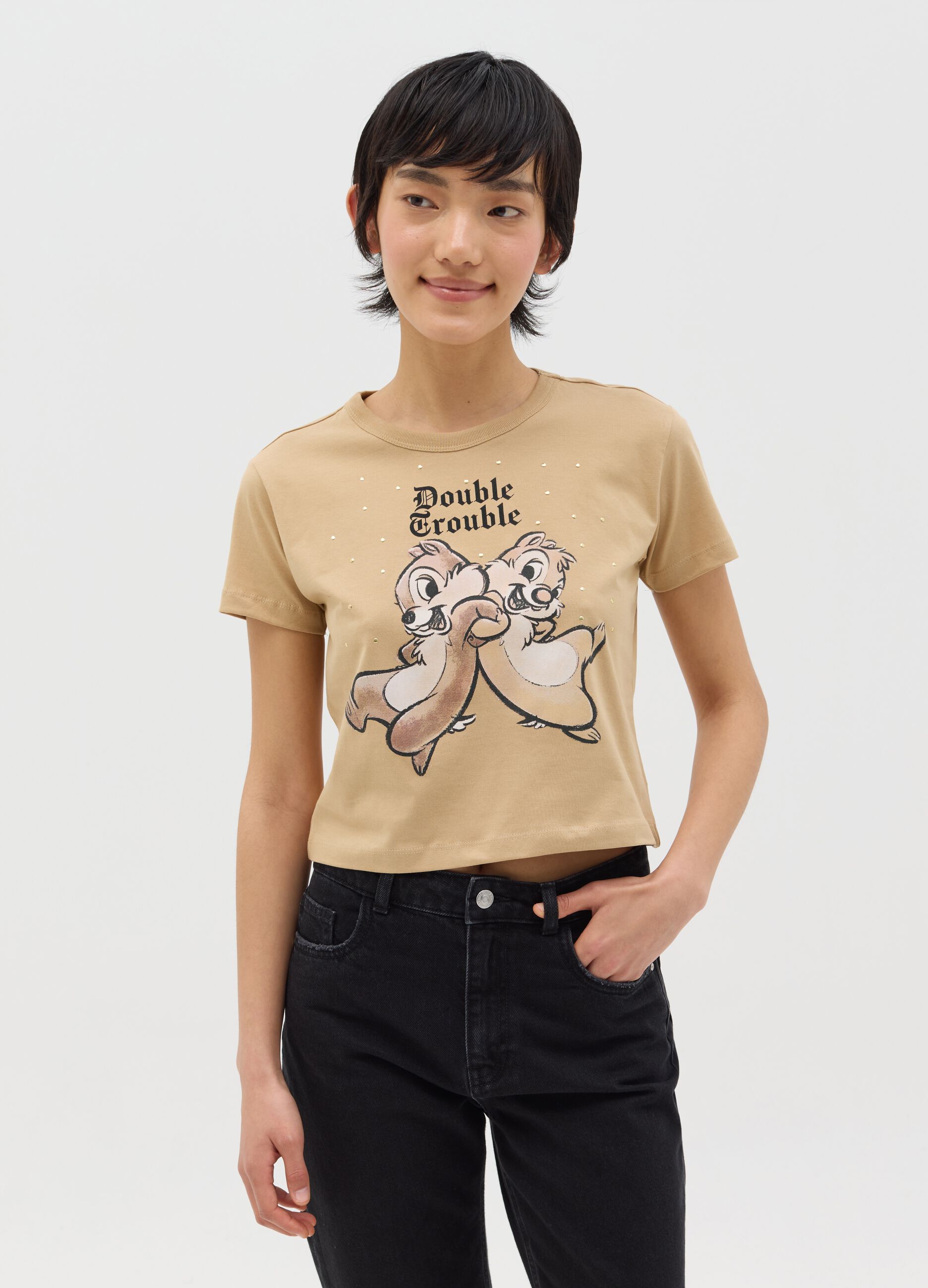Beige T-shirt in cotton with Chip 'n' Dale print