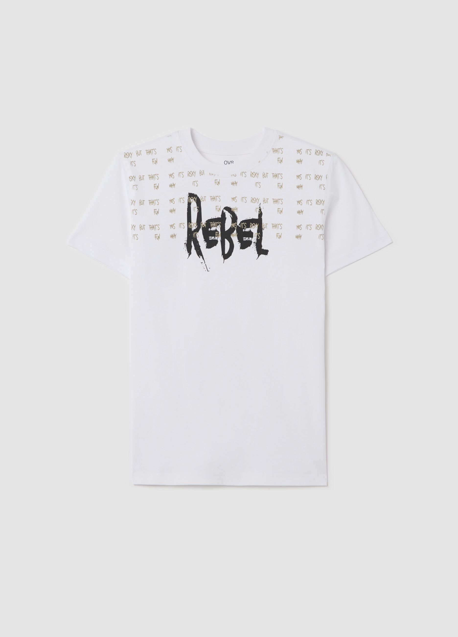 White T-shirt in cotton with "Rebel" print